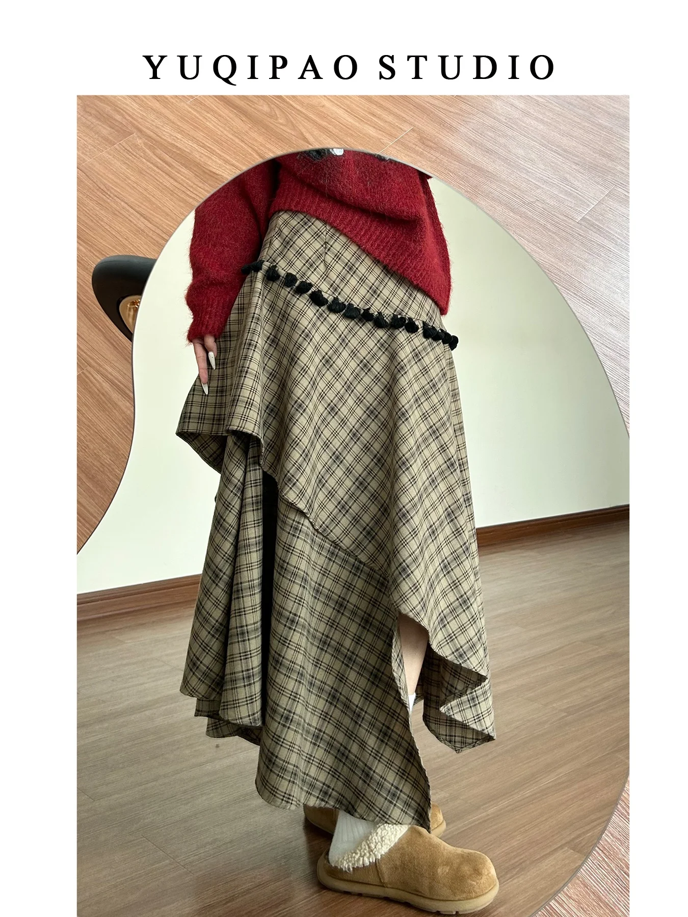 

Юбка А-силуэта в клетку для полных женщин, весенняя, стройнящая, с асимметричным подолом, повседневная, с высокой талией, большого размера