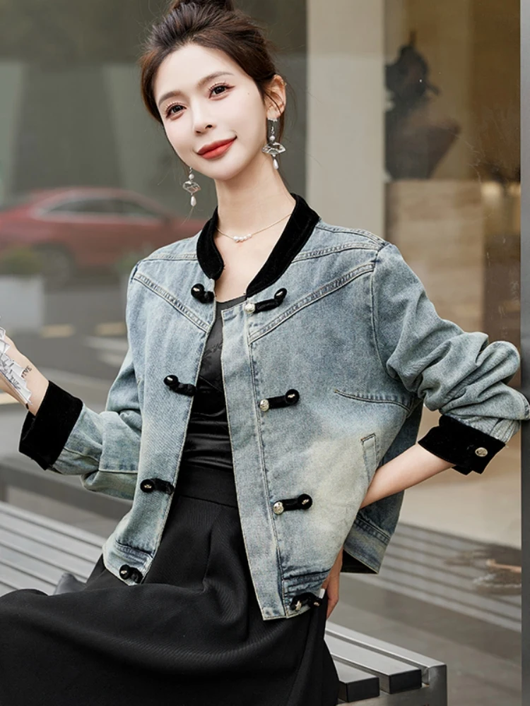 

New Chinese Sle Button up Stand Collar Denim Jaet Women's Autumn Large Size Fat MM Slimming National Sle Jaet Outerwe...