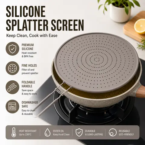 Silicone Splatter Screen with Handle Heat Resistant Oil Splash Guard Multifunctional Frying Pan Cover & Drain Board Kitchen Tool