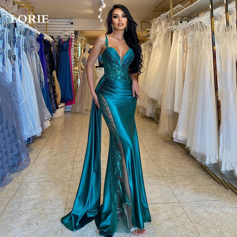 LORIE Hunter Spaghetti Straps Green Mermaid Evening Dresses Side Split Summer Lace Prom Gowns Evening Party Dress