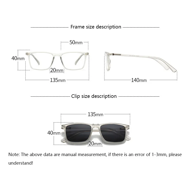Transparent Square Frame Women Sunglasses 6 In 1 Magnetic Clip Glasses Men Polarized Night Vision Eyeglass