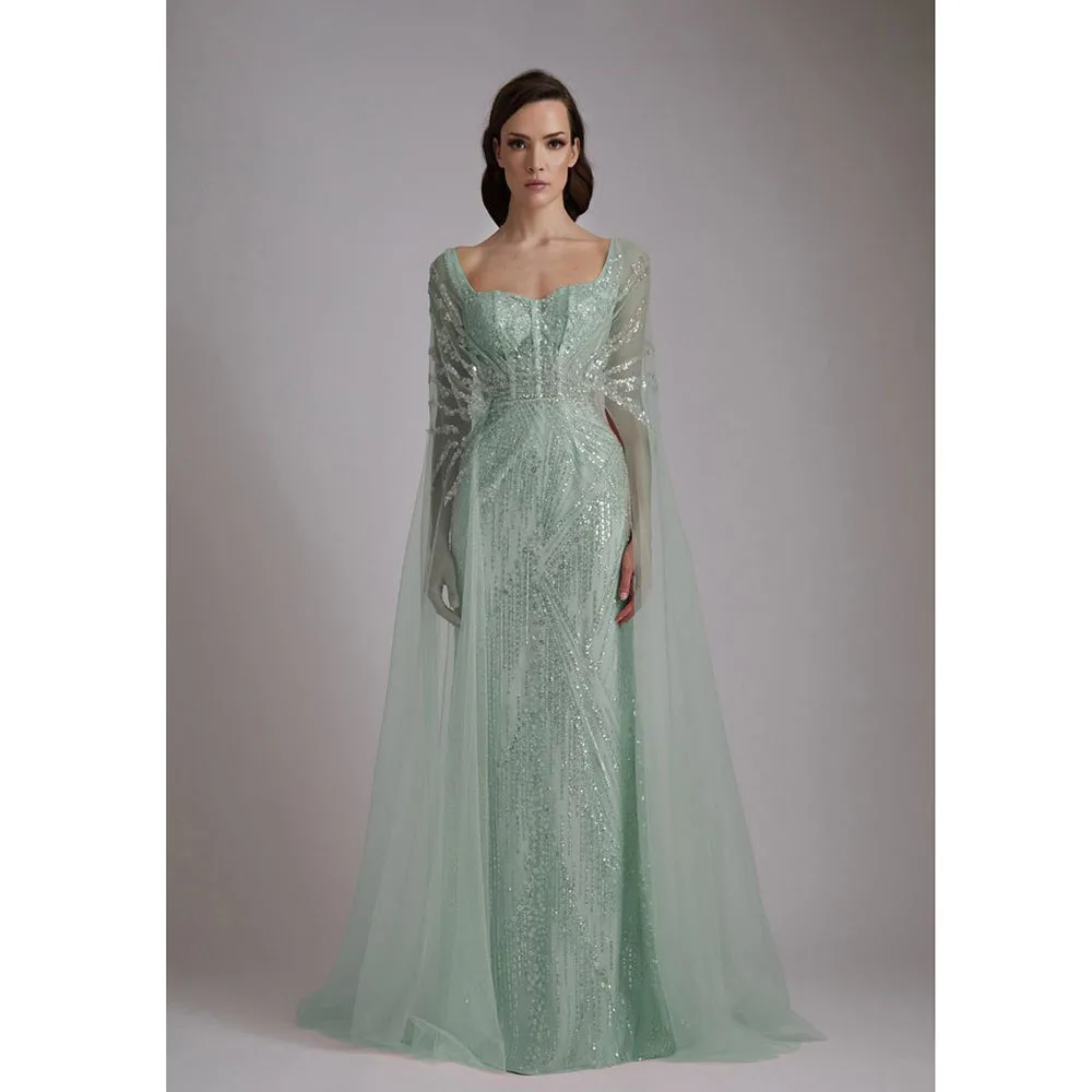 Elegant Luxury Champagne Blue Green Women Prom Dresses Full Sleeves A-Line Full Sleeves Shiny Pretty Female Banquet Party Gowns