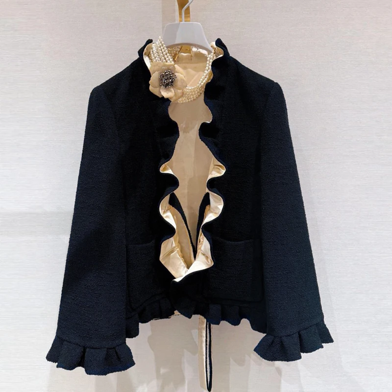 

Elegant Ladylike Woolen Coat with Bow Tie And Ruffle Collar Vintage Style Fashionable Set for Women Long Sleeve Autumn Wear