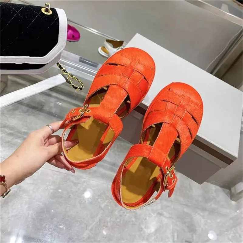 Horsehair Orange Cutout Roman Beach Sandals Summer Weave Plush Flats Women Shallow Strappy Buckle Shoes Sandalias Mujer Verano