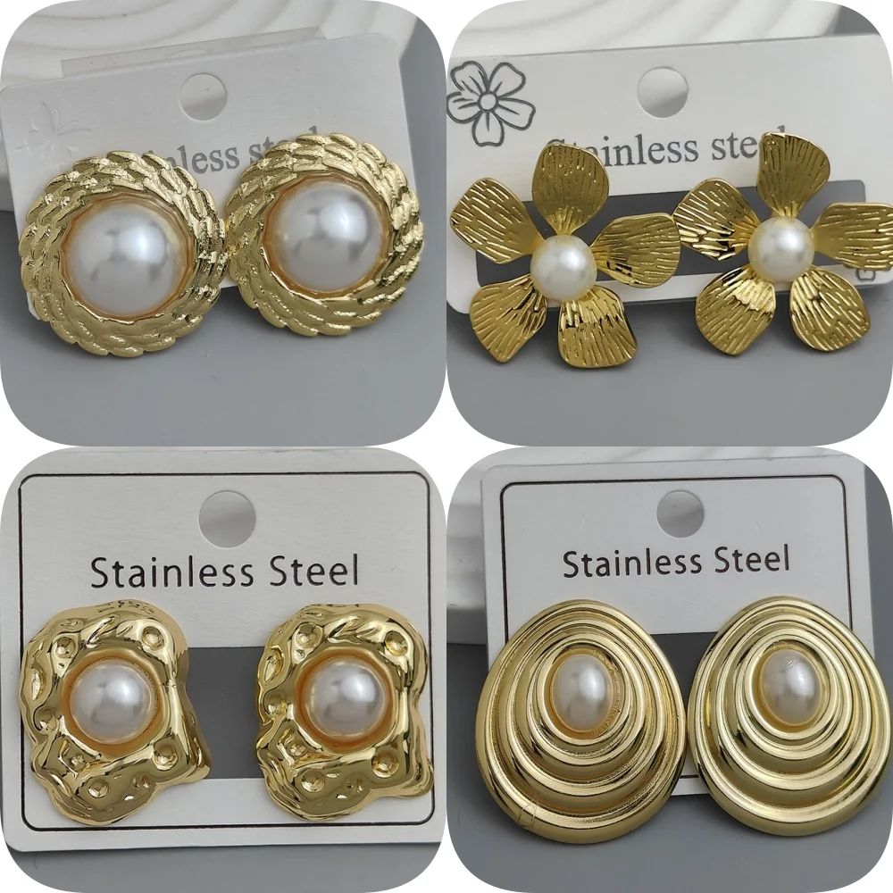 Charming heavy metal five-leaf flower pearl 18K women's earrings, waterproof and non-fading stainless steel, wedding party gift