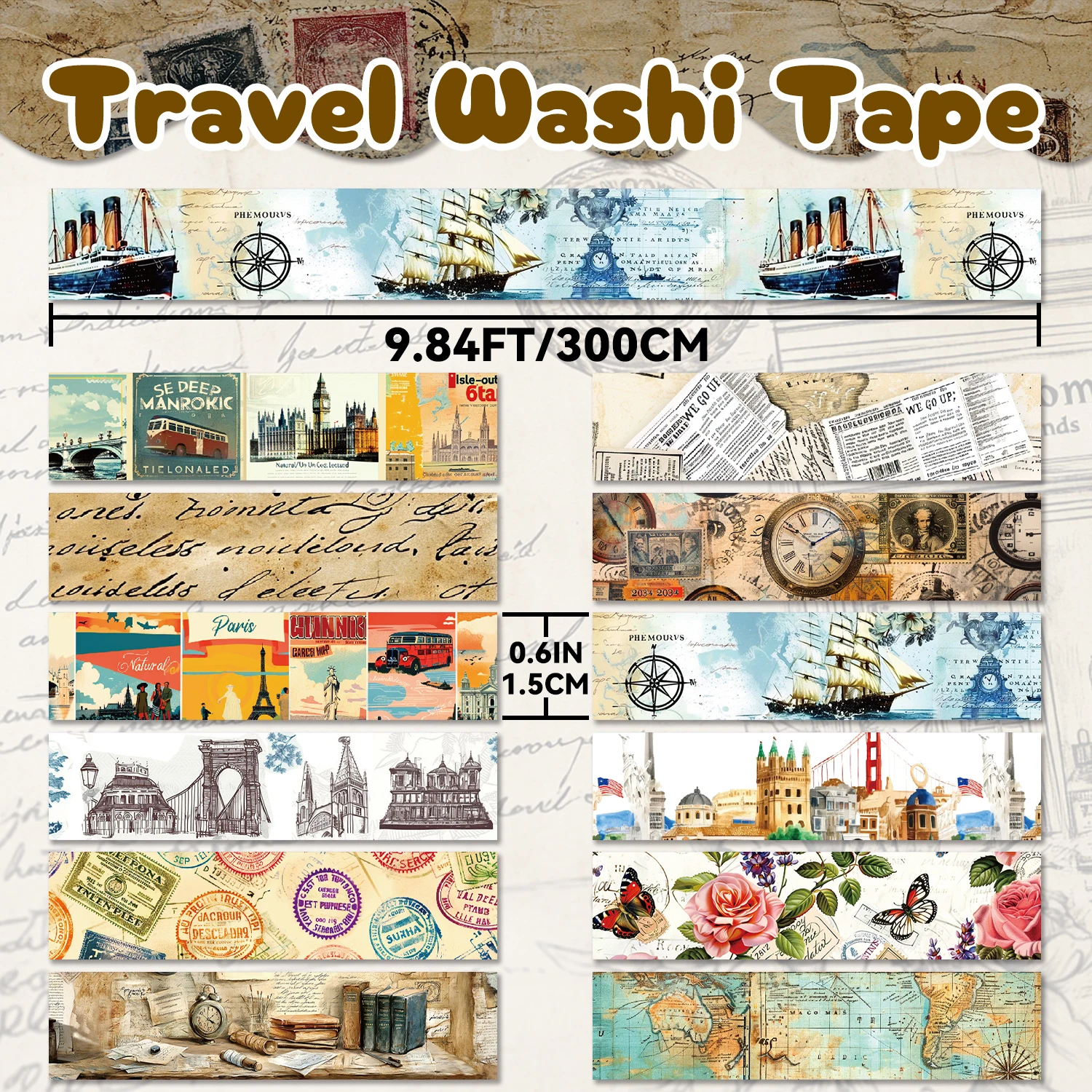 Vintage Washi Tape Set,12 Rolls Holiday Travel Aesthetic Decorative Tape Retro Poster Map Stamp Clocks Architecture Masking