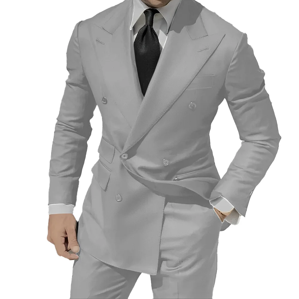 Business Mens Suits Peak Lapel Double Breasted Blazer Wedding Groom Tuxedos 2Pcs Office Workwear Groom Blazer