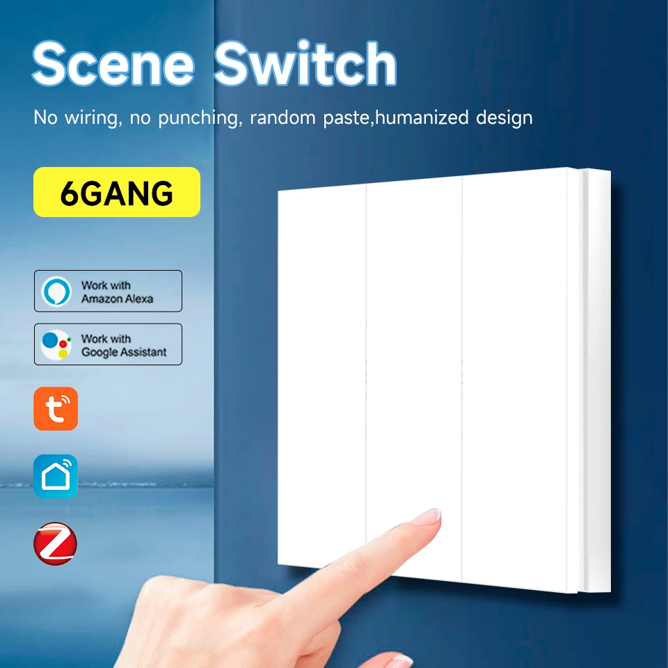 Interruptor de Escena Inteligente inalámbrico ZigBee, controlador de botón pulsador, Control por aplicación, Panel de pegatina de escena de teclado, Smart life, Tuya 6 Gang