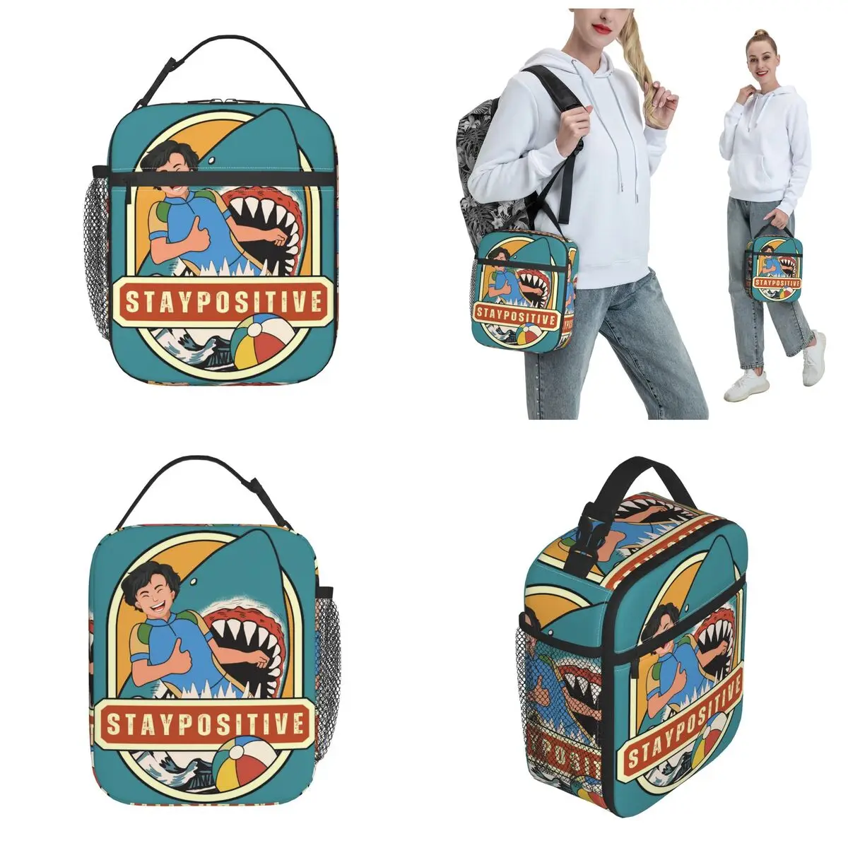 Humor Stay Positive Thermal Insulated Lunch Bags for Office Shark Lover Reusable Bento Box Men Women Cooler Thermal Lunch Box