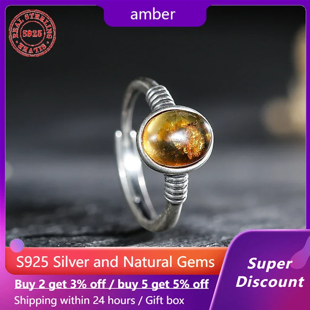 S925 sterling silver ring jewelry with natural resin flower amber women's ring wedding jewelry neutral men's ring accessories