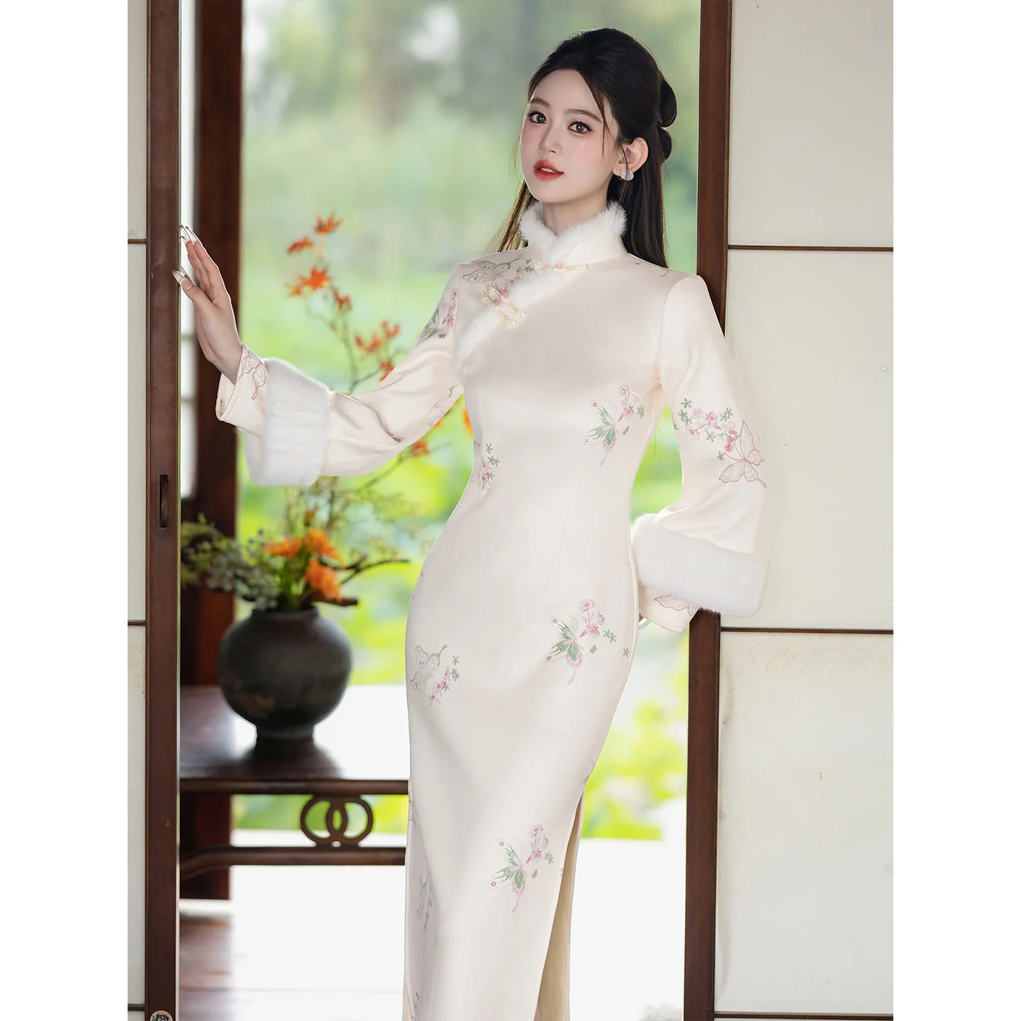 Yourqipao البيج الشتاء الصينية شيونغسام المرأة الجديدة 2025 جديد الراقية الجلد المدبوغ المطرزة المخملية تشيباو تنورة #5