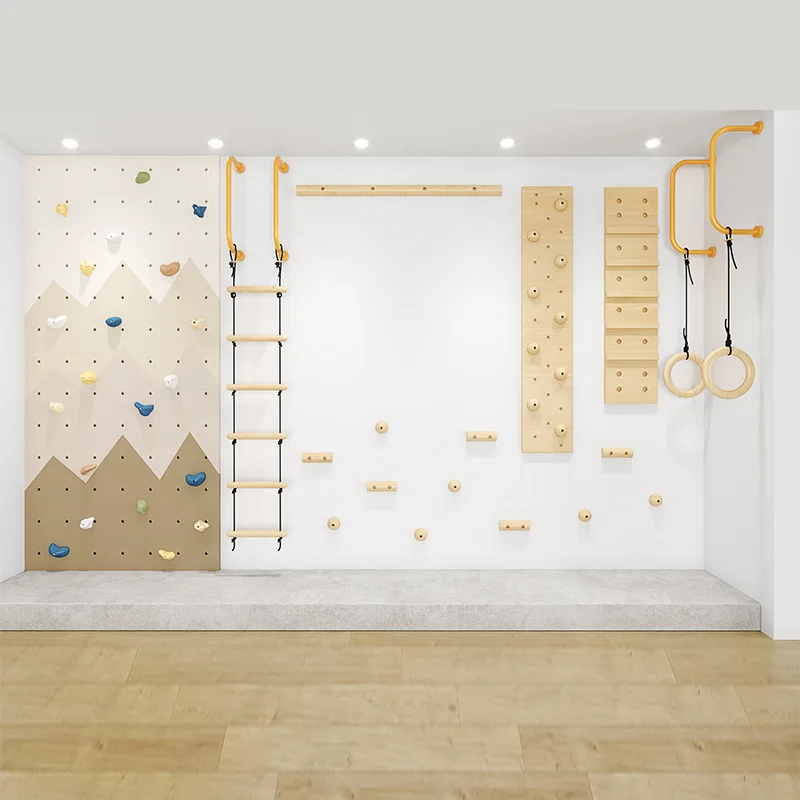 Kids Indoor Wooden Climbing Wall Gym Set Montessori Sensory Training Wall With Rock Climbing Holds Rope Ladder Gymnastic Rings