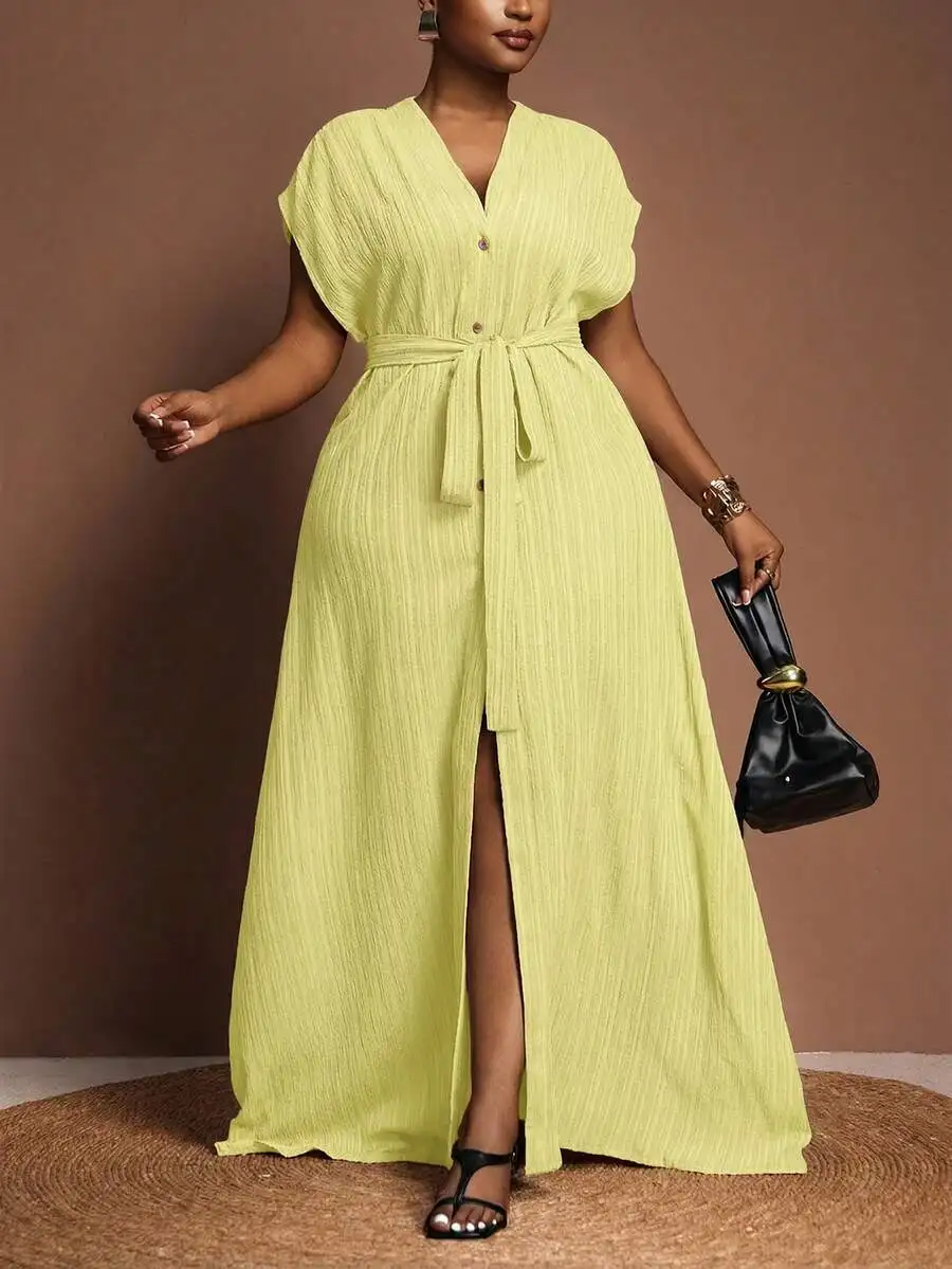

Plus Size Solid Color Front Button Belted Short Sleeve Maxi Dress