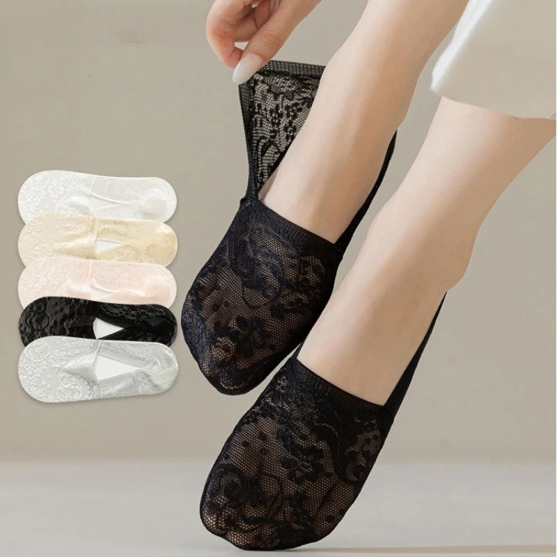 

1/5 Double Flower Lace Women's Boat Socks Spring summer Sweat Absorbing Invisible Women's Thin Shallow Mouth Low Top Boat Socks