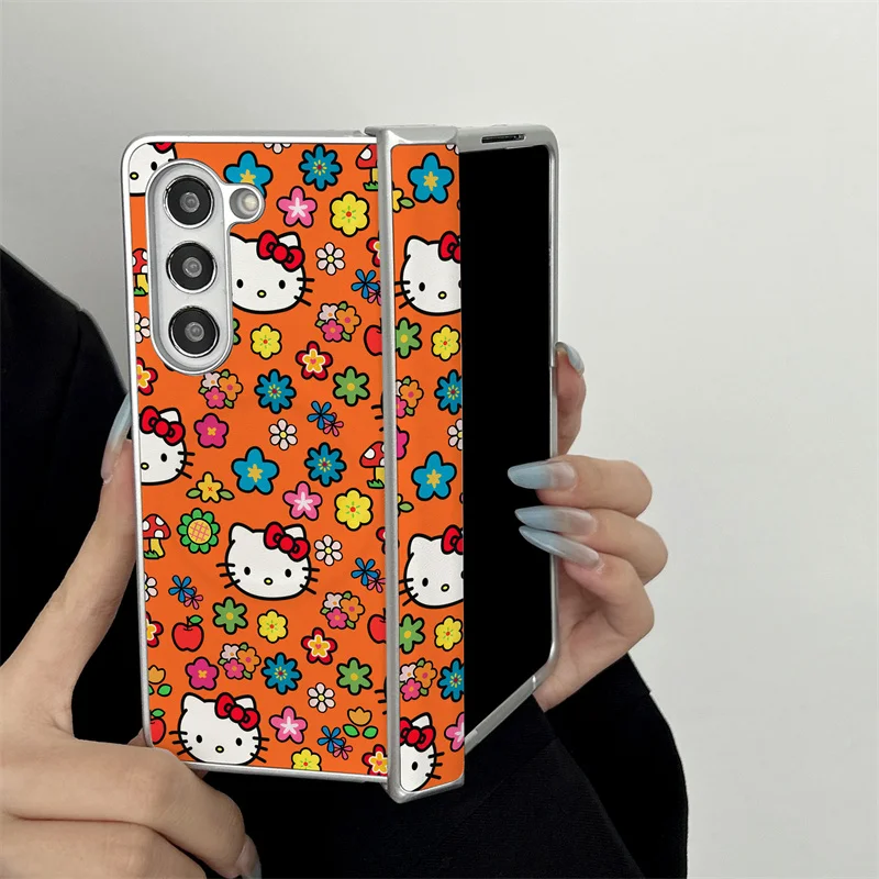 

Vibrant Orange Hello Kitty Flower Print Magnetic Phone case For Samsung Galaxy Z Fold 4 5 6 7 Shockproof Hard Cover Galaxy W26 5