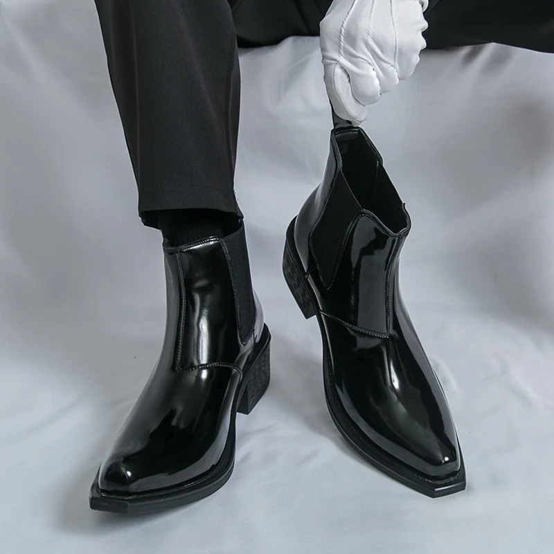 

Men Chelsea Boots PU High Heels Pointed Fashion Classic Black Men Boots