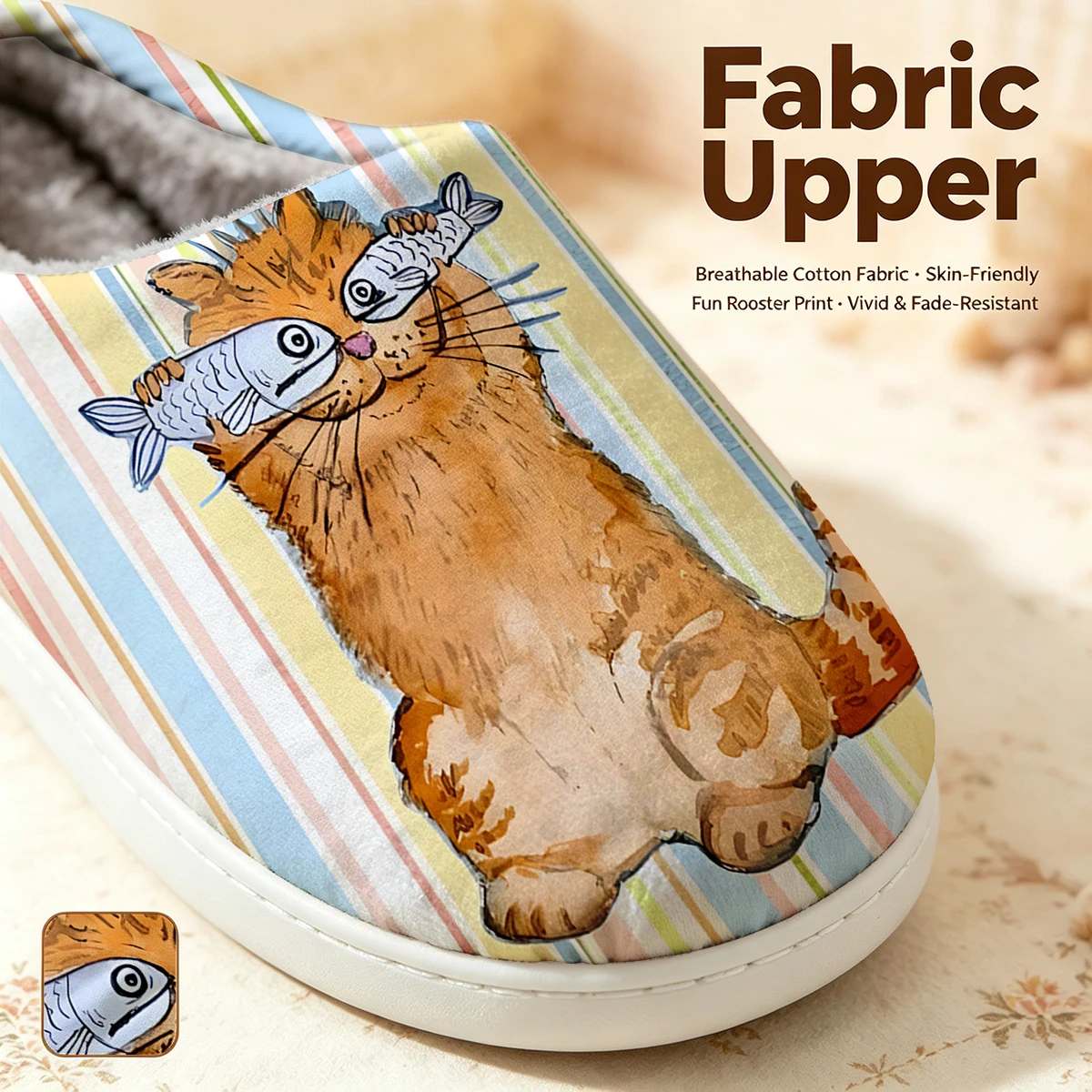 Funny Cat With Fish Stripe Christmas White Slippers Warm Plush Indoor Shoes Non-Slip Winter Slippers Family Holiday Gifts Soft view 2