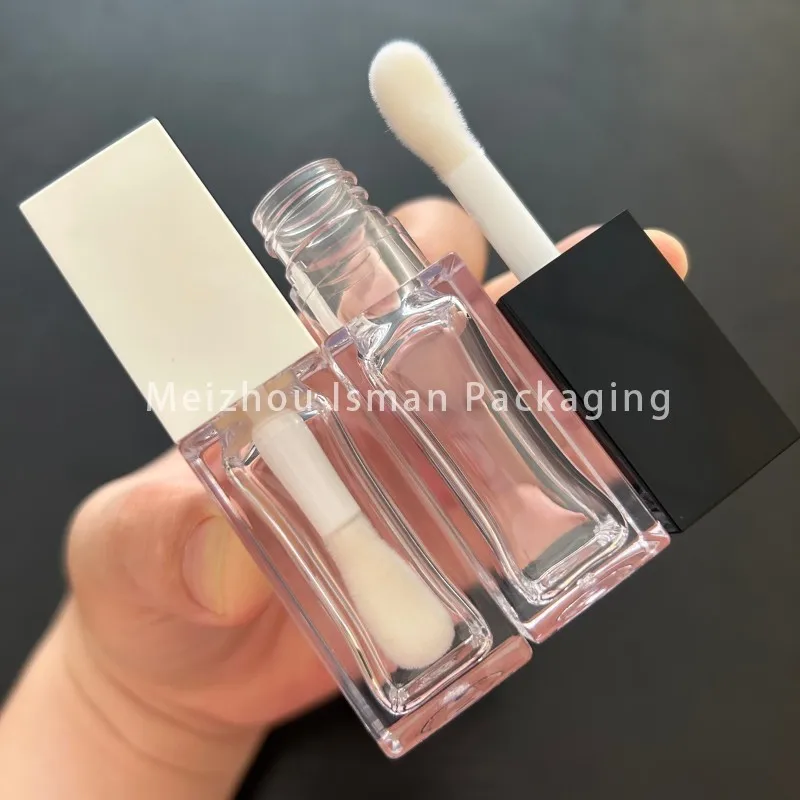 

50Pcs square empty PETG transparent black lipgloss container clear crystal lip gloss bottle makeup tubes with big wand brush 8ml