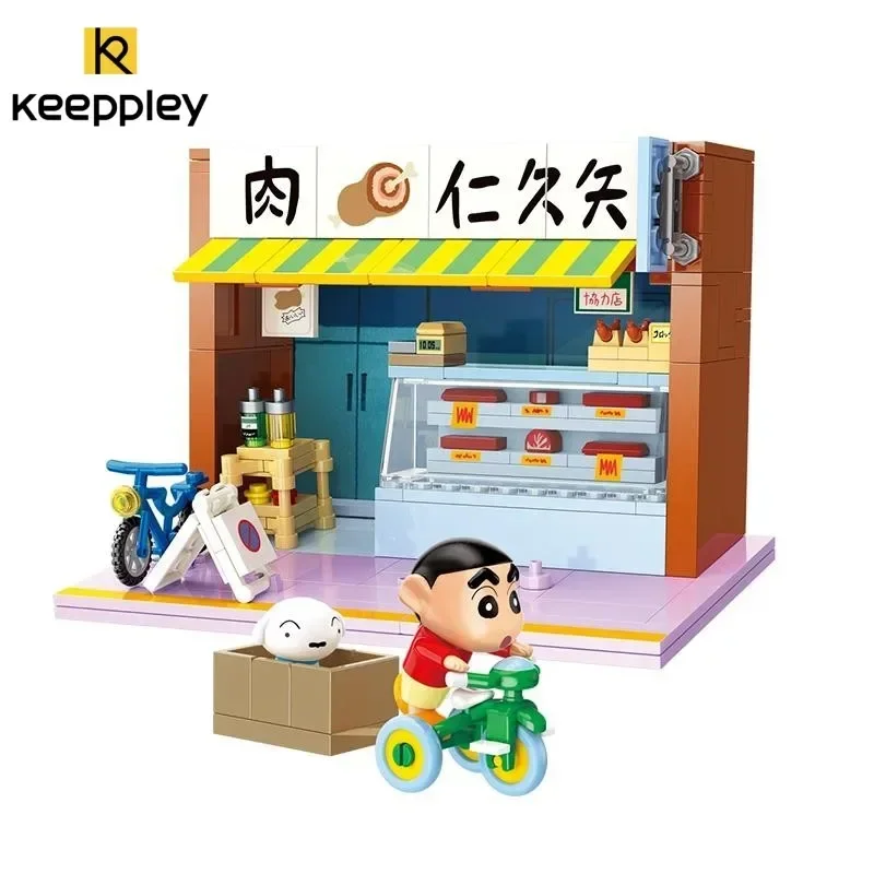 Keeppley-bloques de construcción de crayón de dibujos animados de Anime clásico, Shin-chan, Street View, casa, gato, autobús, Xiaoxin, habitación, juegos de ladrillos, juguetes para niños