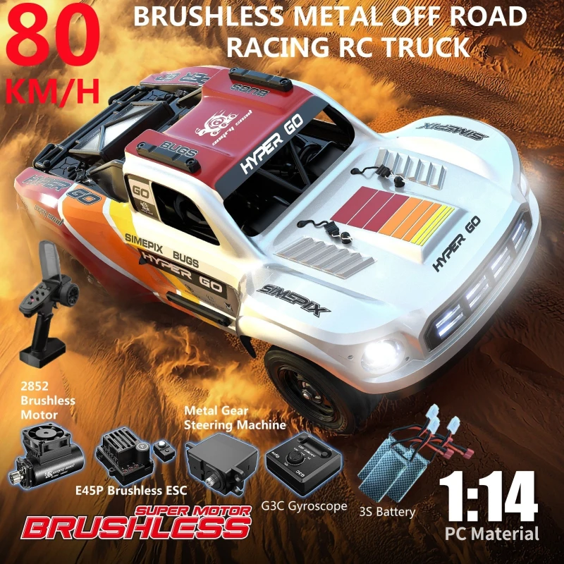 80KM/H 3S  Brushless Motor Off Road Electric RC Truck Car 1:14 4WD LED Lighting Independent Suspension Metal Remote Control Car