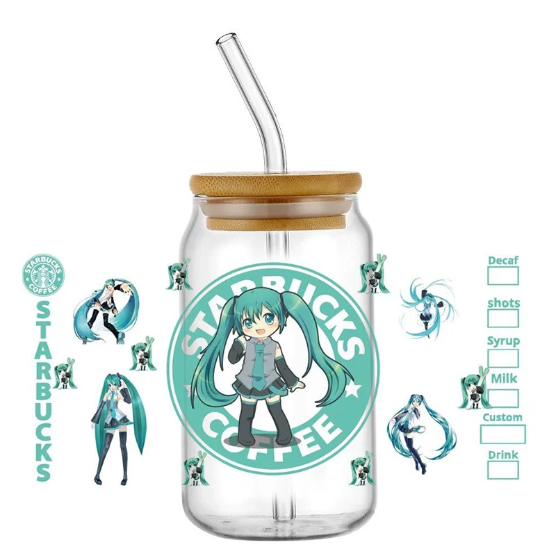 Miniso Cartoon 3D UV DTF Wraps Transfer Sticker DIY for 16oz Libbey Glass Cup Waterproof Wrap Mikuo Transfers Sticker Coffee Cup