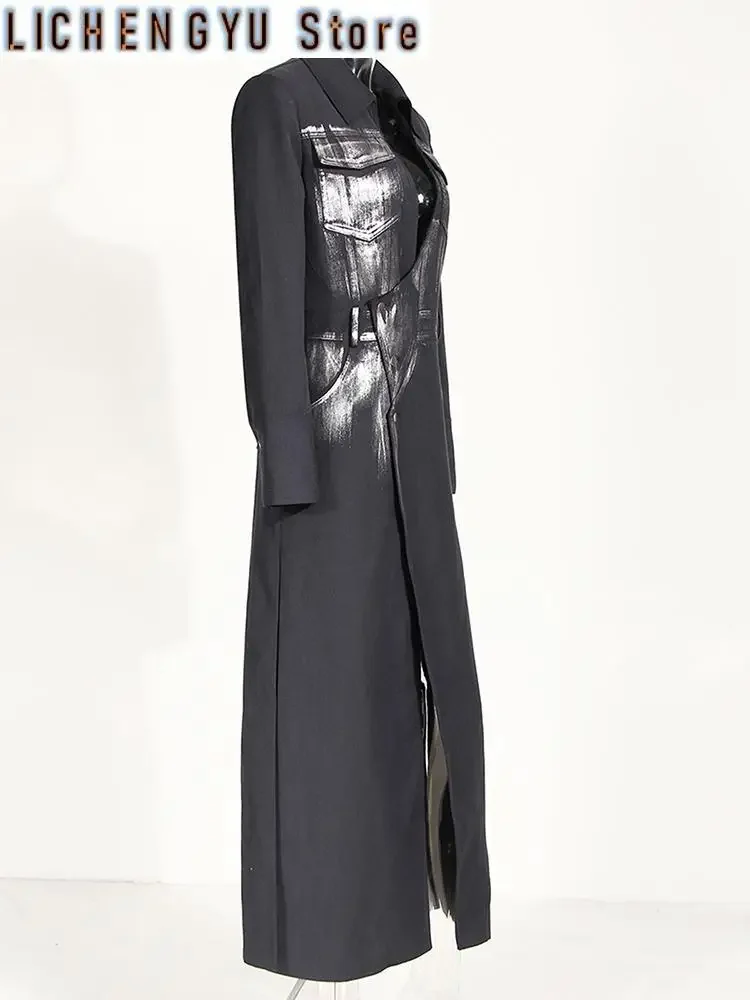 Women Black Paint Irregular Slit Long Elegant Blazer New Lapel Long Sleeve Jacket Fashion Tide Spring Autumn