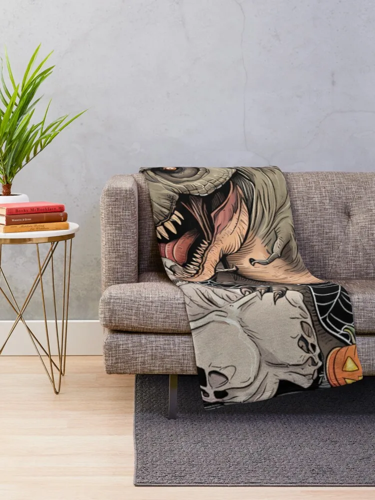 Halloween Tshirt Dinosaur T-rex Skull Spooky Party Costume Throw Blanket Plaid on the sofa for winter Picnic Blankets