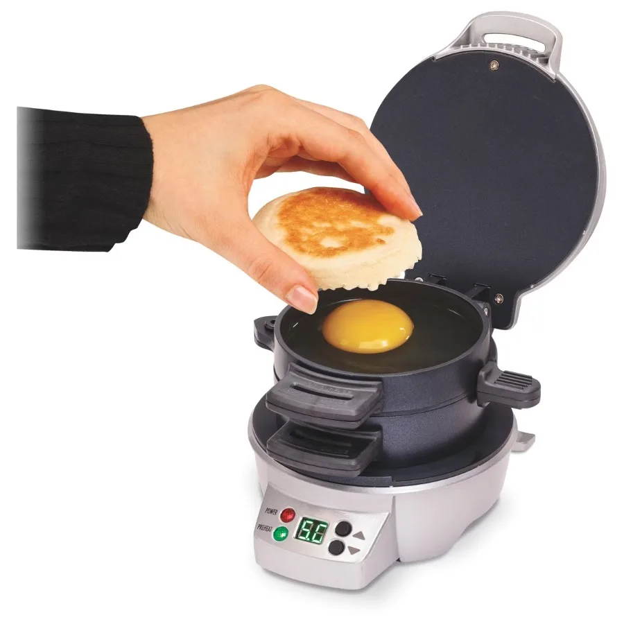 Dark Gray Breakfast Sandwich Maker with Timer, 25478, 600W, Nonstick, Cool Touch Handle, Dishwasher‑Safe