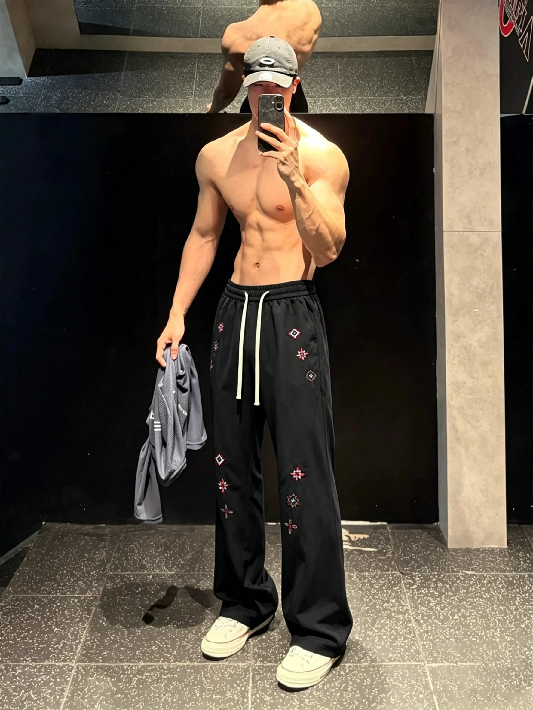 Black Ice Silk Quick Dry Embroidered Fitness Pants Men's Summer American Slant Cut Casual Straight Leg Sport Leisure Trousers