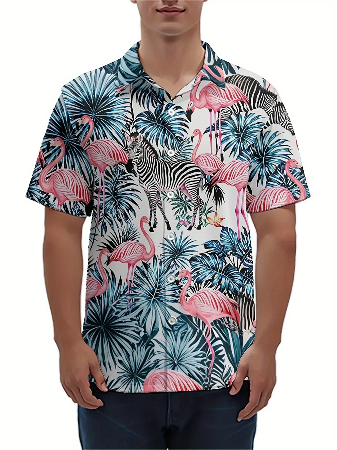 Men's Large Size Hawaiian Shirt - Zebra and Flamingo Pattern, Colorful Aloha Shirt, Casual ,Ideal Gift for Family and Friends