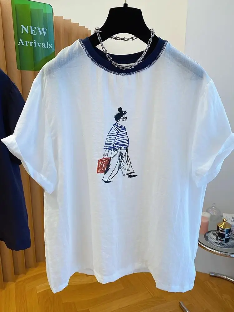 White Cotton and Hemp T-shirt for Women 2025 New Summer Loose Large Edition Thin Design Beautiful Round Neck Linen Top