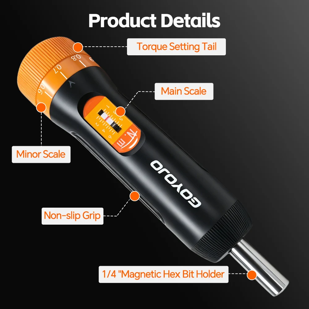 GOYOJO Torque Screwdriver 1/4' 6.35 Hexagonal 1-6N.m 10~70in.lb Torque Range Presetting Torque Values For Tool Repair & Bike