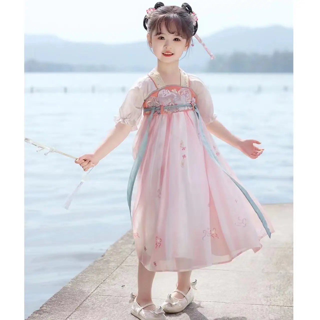 Pink Hanfu Chinese ancient dress Tang dress short sleeve thin embroidery square collar Chinese style girl dress