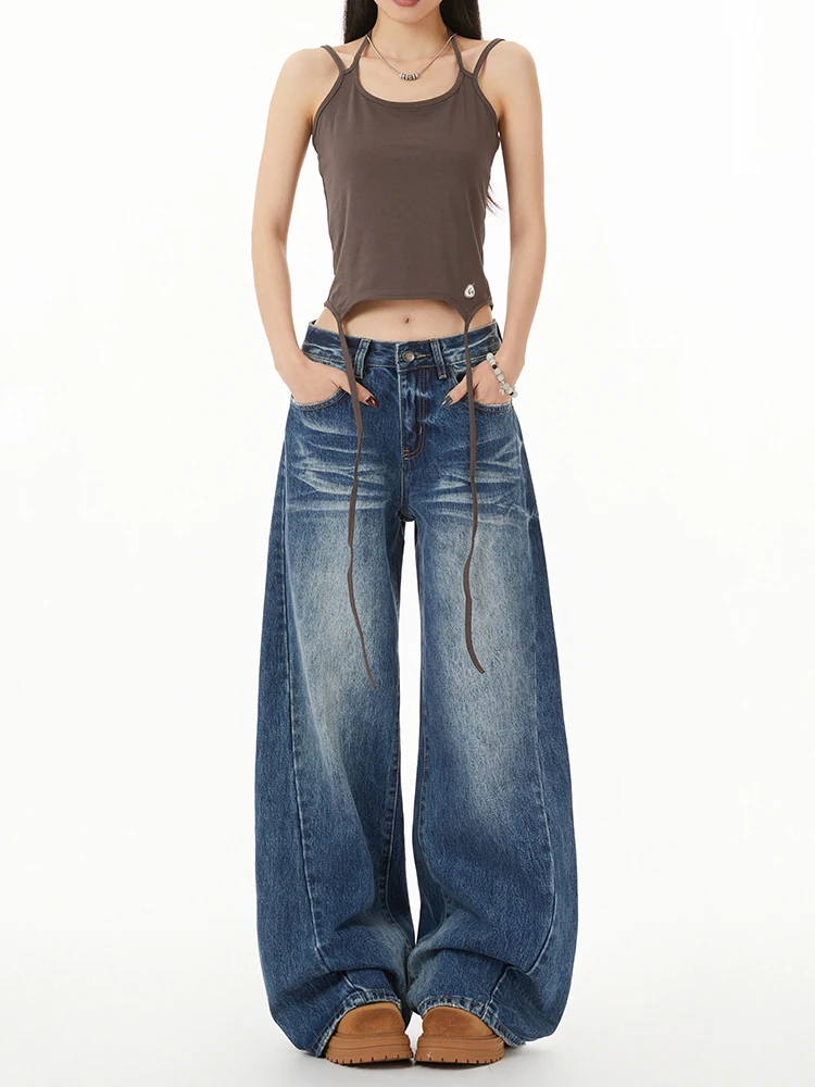 

American Retro Low Waist Wide Leg Jeans Women's Spring Washed Bleach Loose Slim Straight Floor-Length Pants Cleanfit Style