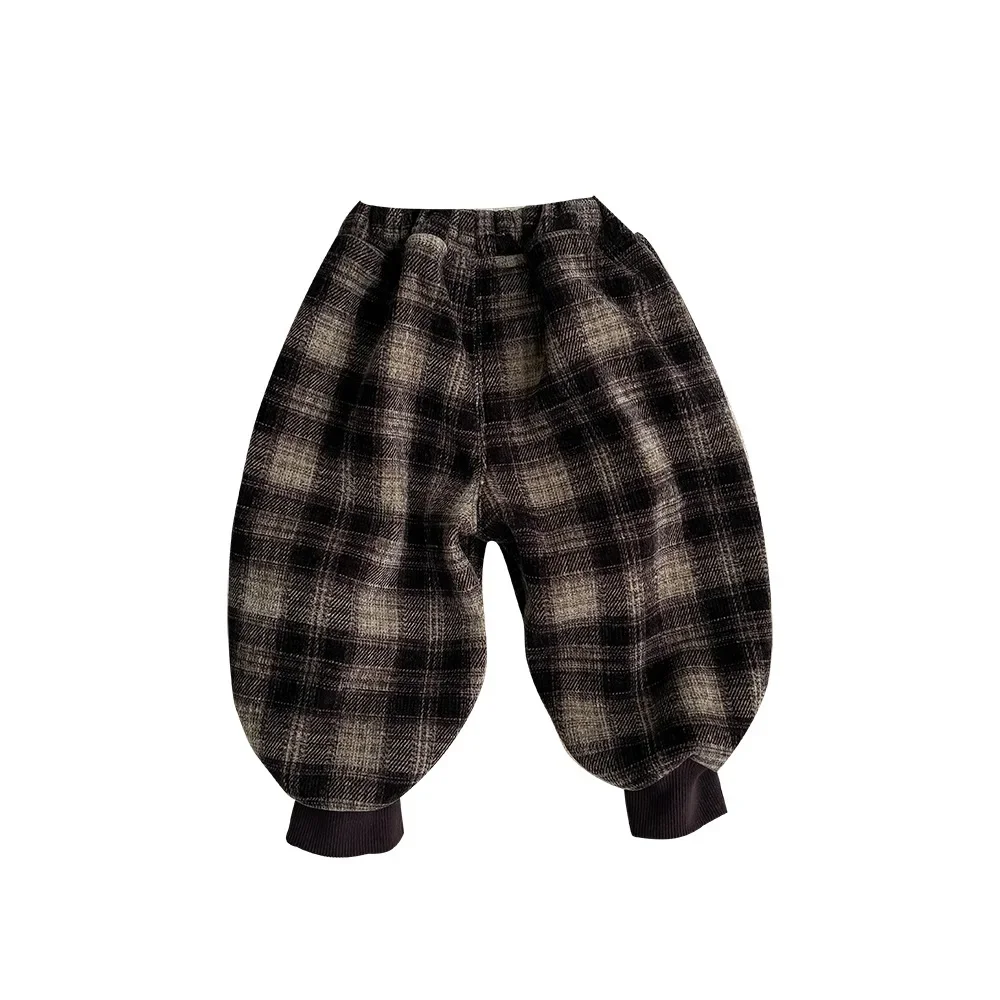 2024 Winter New in Kids Baby Boys Thicken Velveteen Outfits , Toddler Infant Plaid Keep Warm Harem Pants 3M-3Y