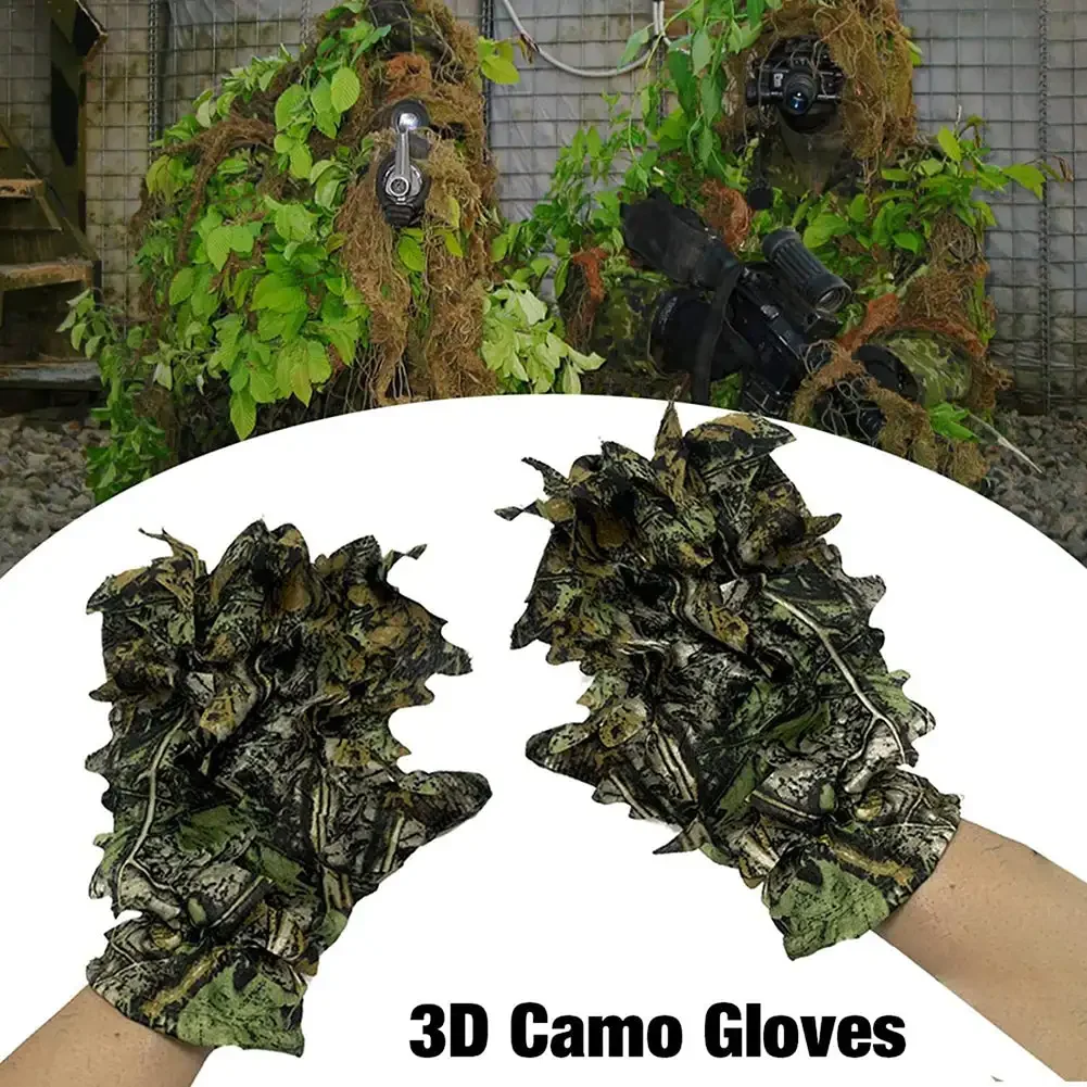 1Pair Hunting Ghillie Gloves Camouflage Suit Gloves Bionic Leafy Camouflage Headwear for Jungle Wildlife Photography Camo