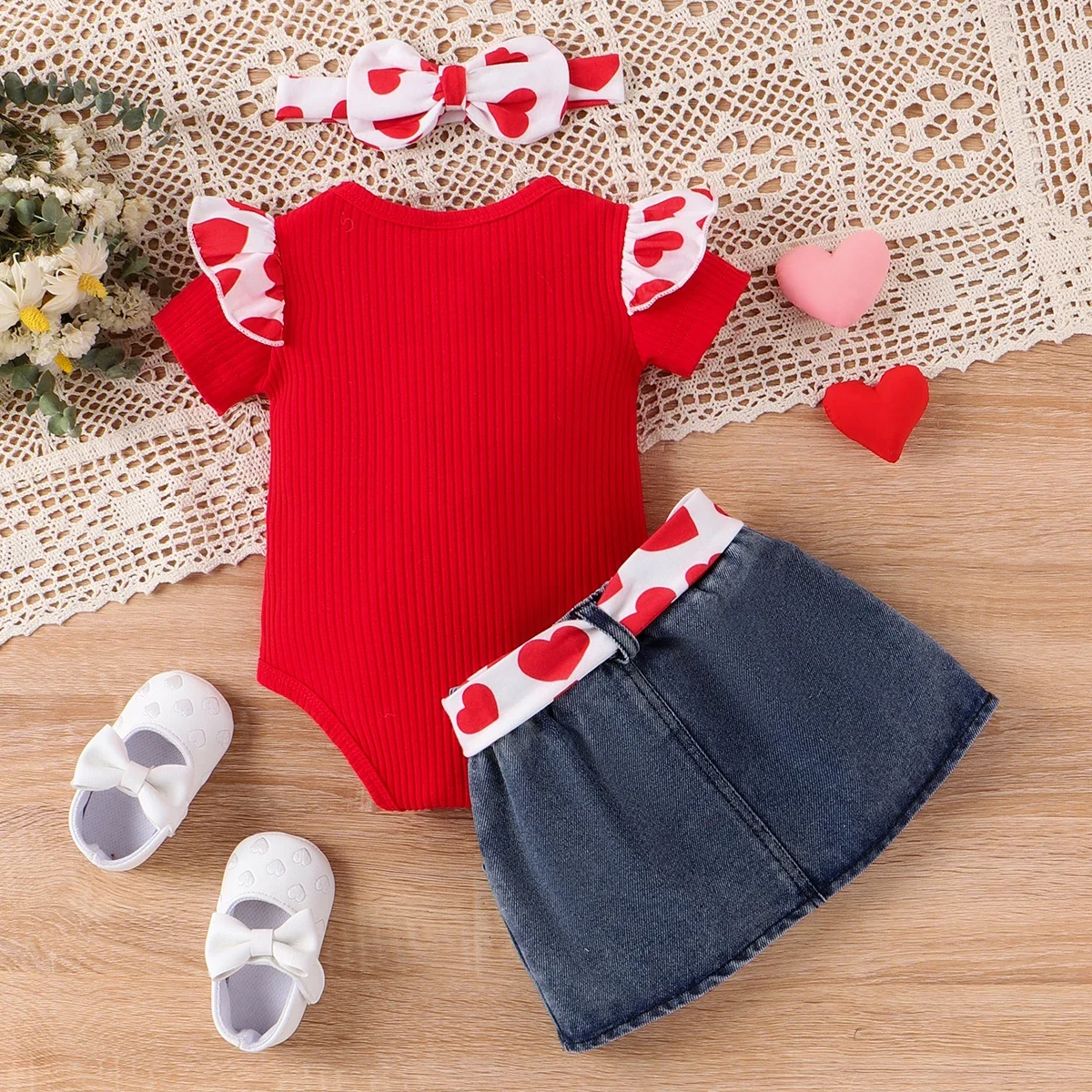 PatPat 2pcs Baby Girl Sweet Letter Pattern Flutter Sleeve Heart Top and Denim Skirt Set Suitable for Summer Season