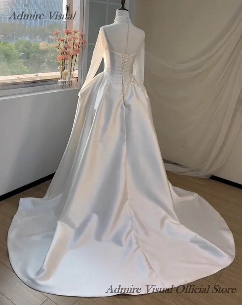 Admire Visual Wedding Dress A-Line Satin Sheer Neck Full Sleeves Chapel Train Customized Bride Gowns