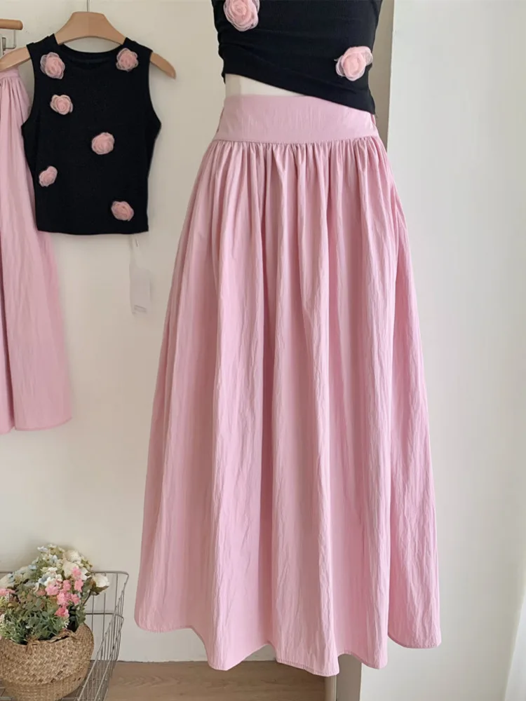 New Korean Sweet 2 Piece Set Women 3D Flowers Sleeveless Top + High Waist Pleated Long Skirt Two-piece Outfits Conjuntos Cortos