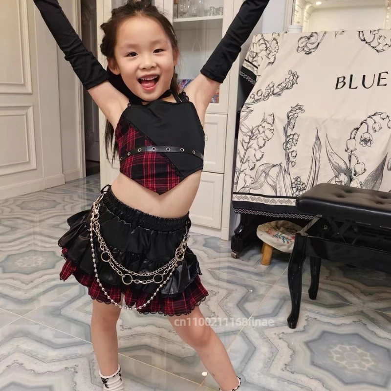 Костюм для джазового танца для девочек, комплект для танцевальных выступлений, топ + юбка + пояс + чехол для ног, детский прогулочный костюм для уличных танцев