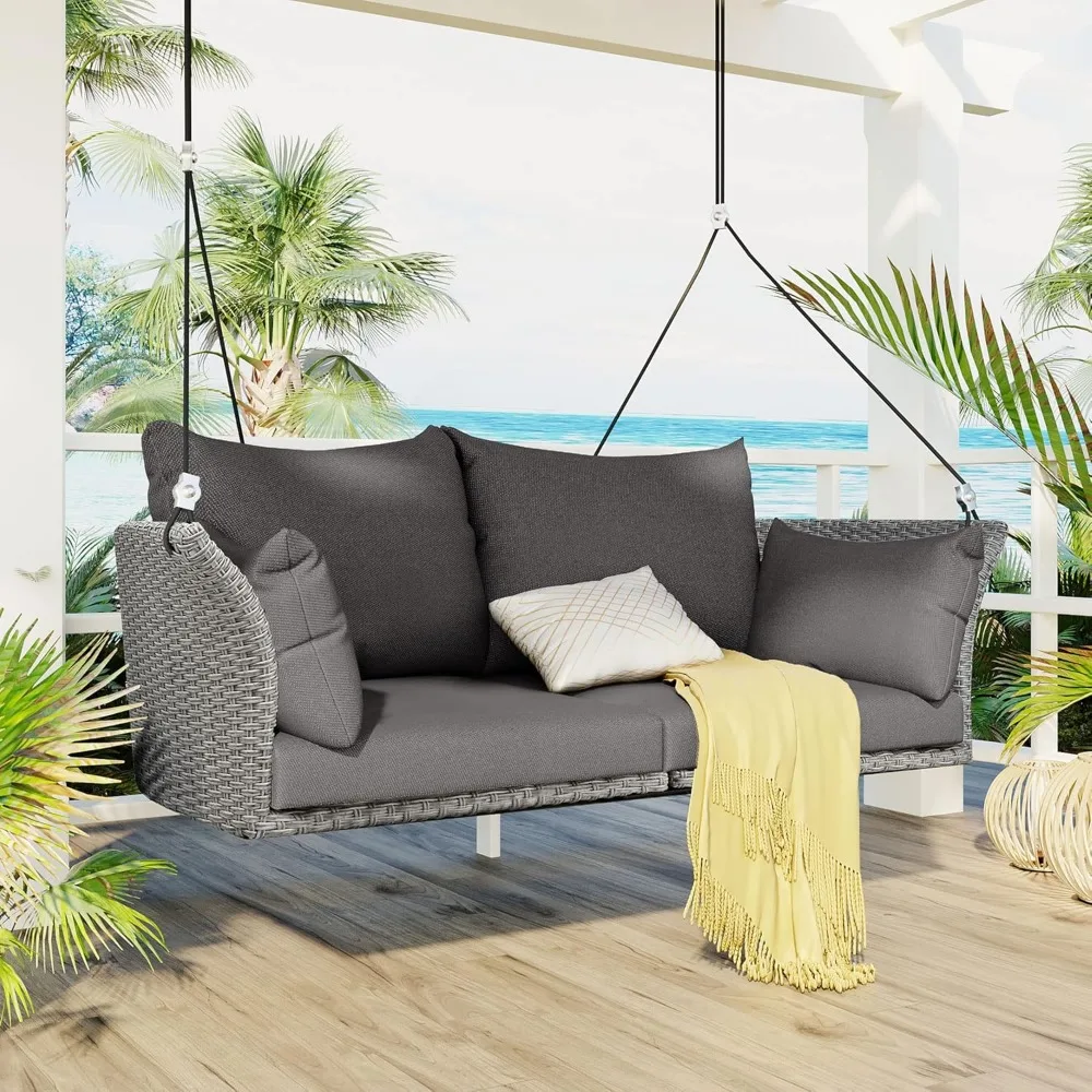 

Outdoor Hanging Swing Sofa - Rattan Wicker 2-Seating Swing Chair with Adjustable Ropes and Turnbuckles, Modern Hanging Bench wit