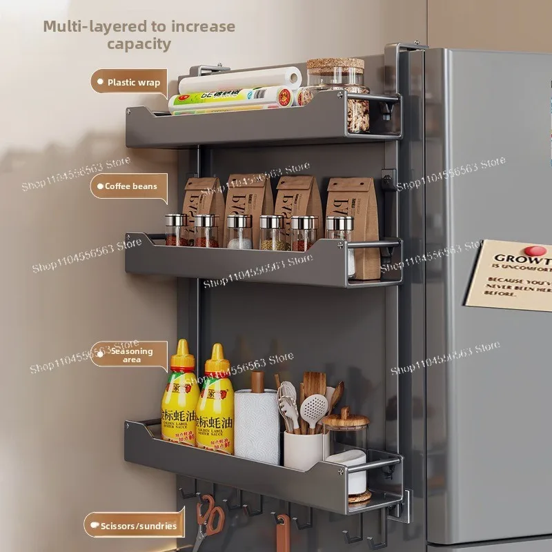Refrigerator side storage rack, kitchen household seasoning multi-layer, no punching, multi-functional wall, finishing artifact