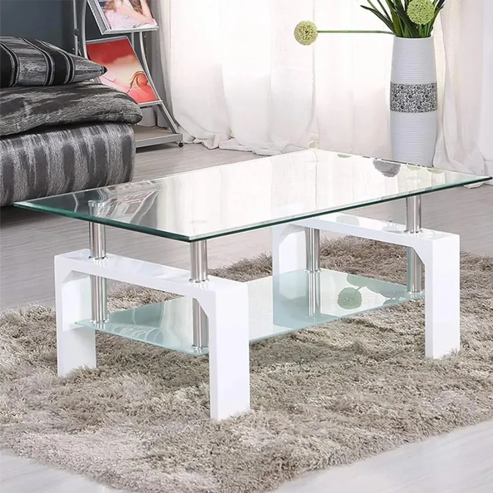 

Glass Coffee Table, Rectangle Coffee Table with Transparent Tempered Top Glass Shelf, Metal Leg Modern Side Cocktail Coffee Tabl