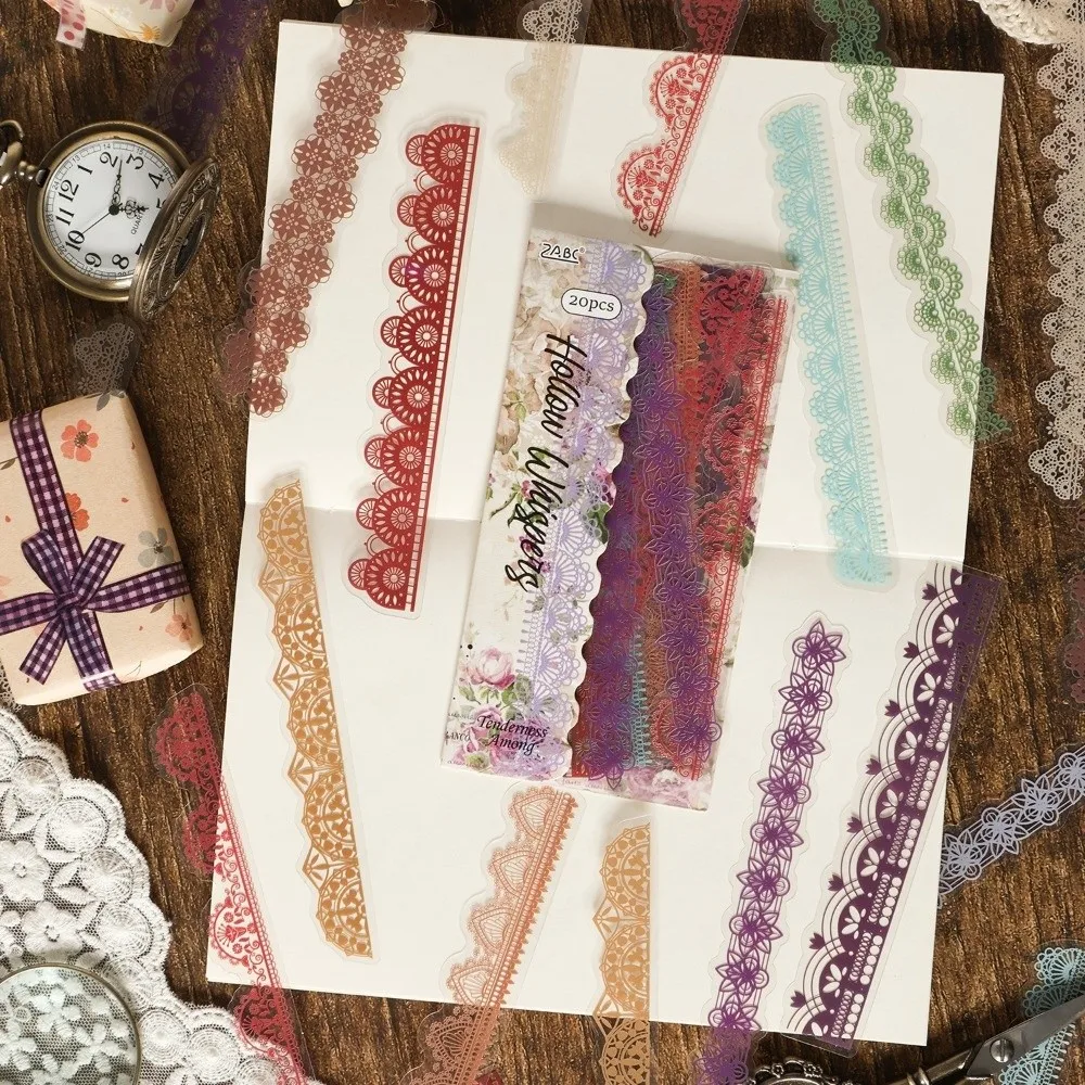 20pcs Wear-Resistant Vintage Lace Stickers DIY Craft Long Strip Design Long Lace Ribbon Retro Style Floral Pattern PET Stickers