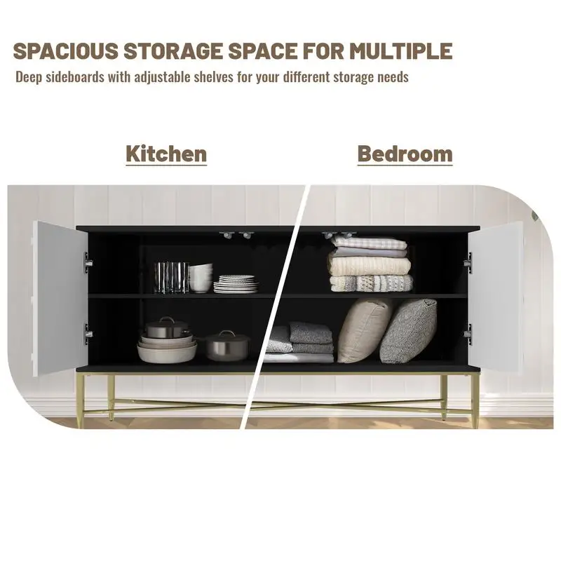 Armário moderno preto e branco de 4 portas, suporte de TV elegante para solução de armazenamento de sala de estar