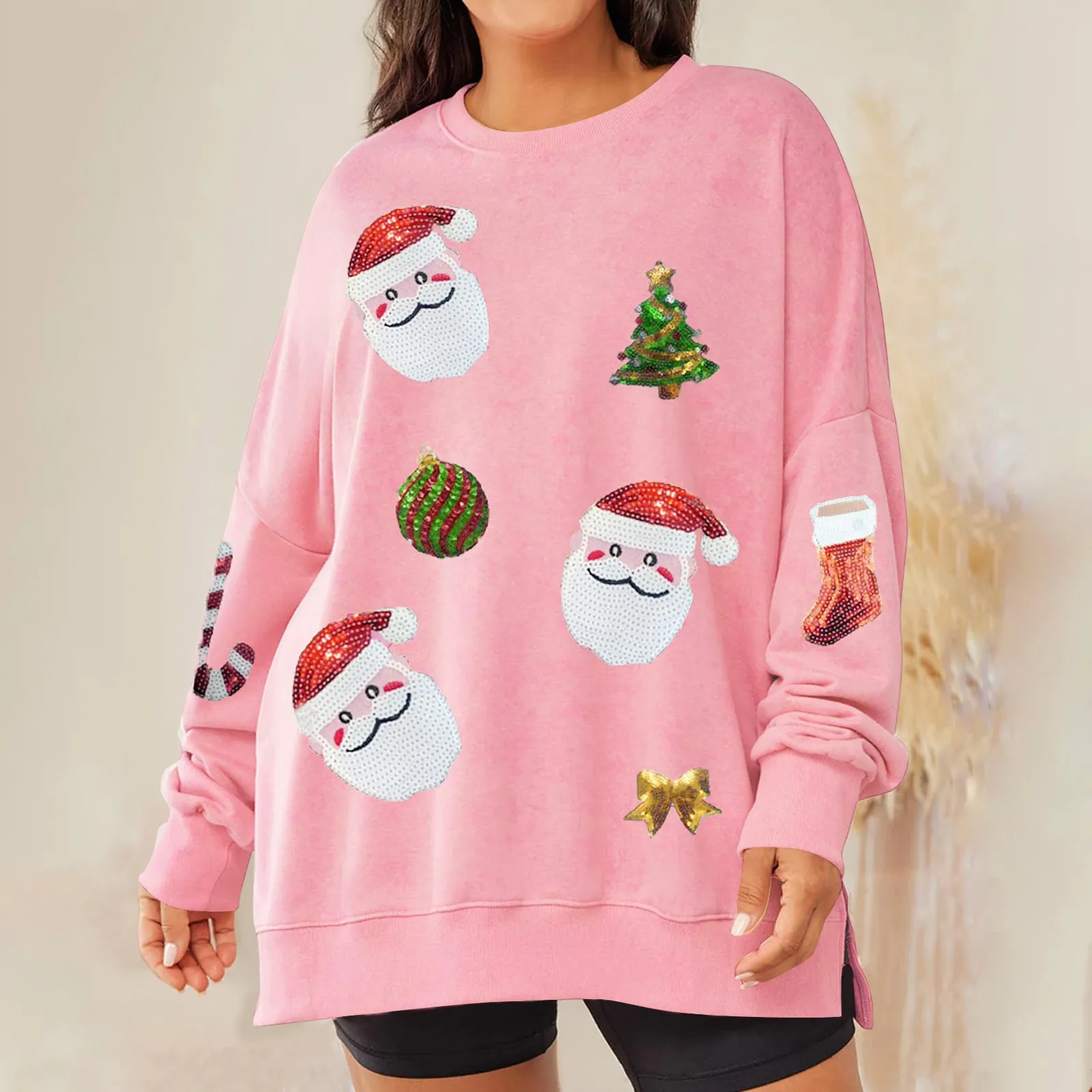 Women'S Christmas Sequin Pattern Plus Size Sweatshirts Oversized Crewneck Long Sleeve Sweater Shirt Tops Fashion Pullover Women