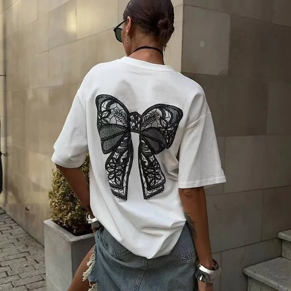 Fun sweet ribbon print cute American summer new fashion brand retro cotton short-sleeved T-shirt mid-length top men clothing y2k