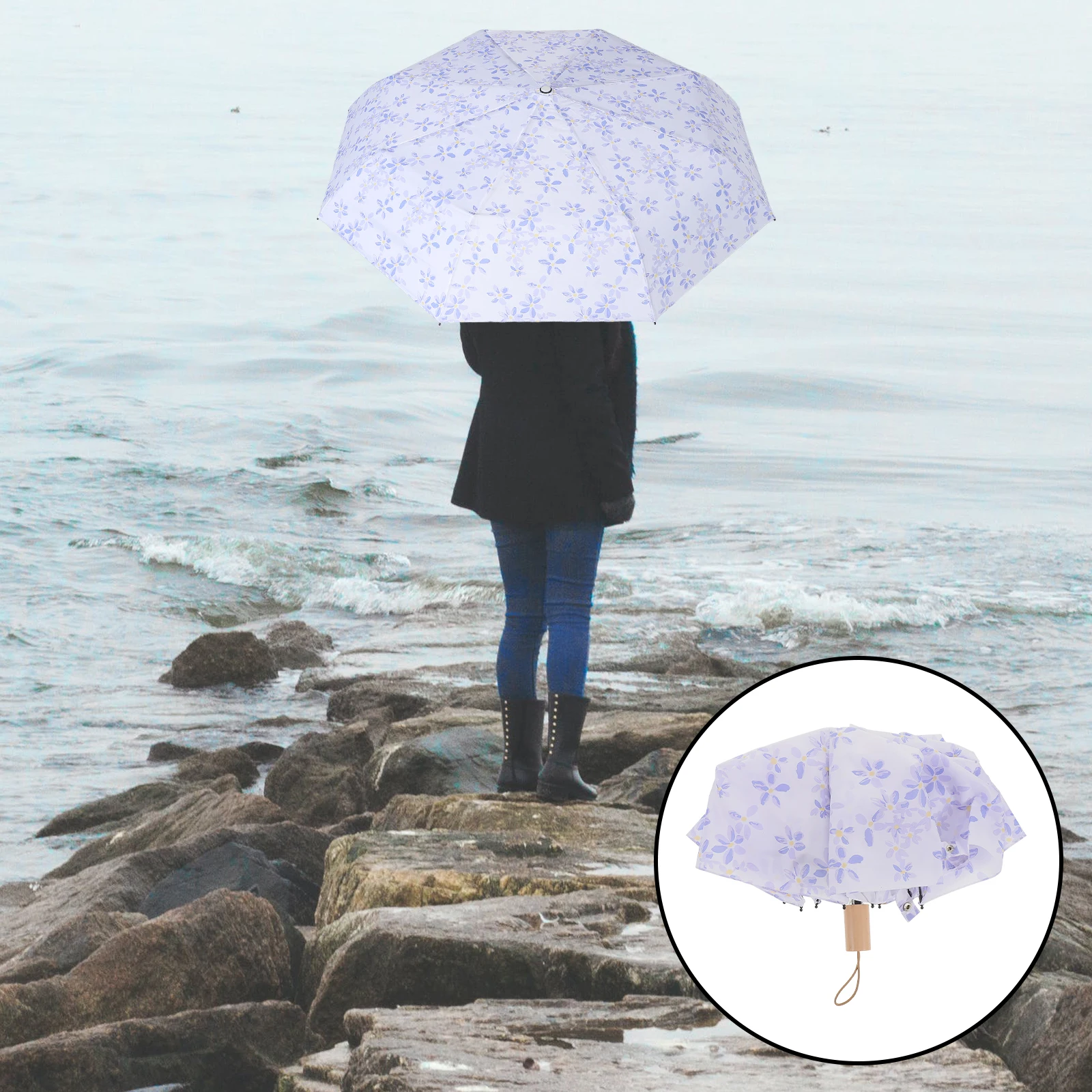 

s Wooden H Umbrella Compact Foldable Rain Protection Large Canopy Durable Waterproof Stylish Floral Pattern Ergonomic Non