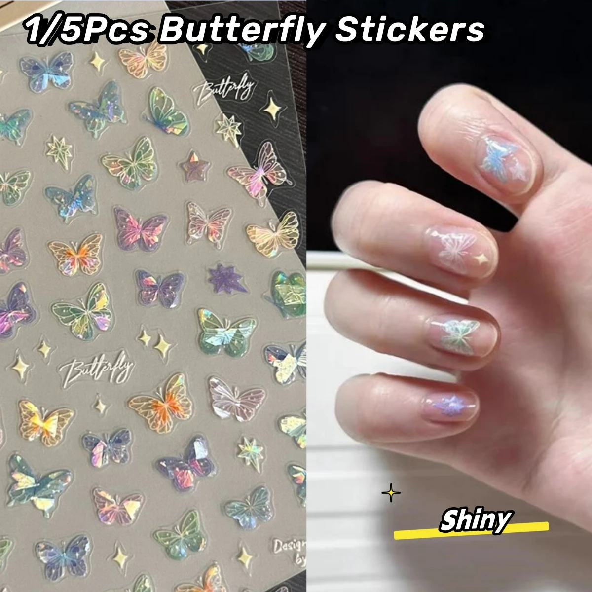 1/5PCS Butterfly Wing Streamer Shell Laser Stickers Advanced Embossed Shiny 3D Nail Decals Butterflies Nail Pattern Y2K Sticker