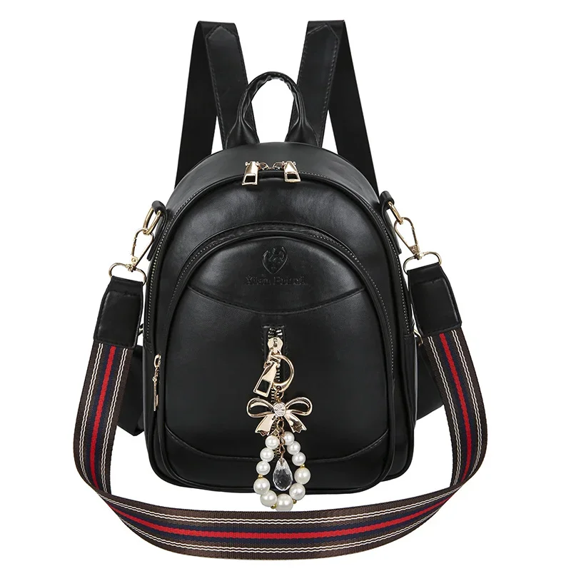 Elegant Solid Colour Soft PU Leather Backpacks For Women Luxury pearl Beading Female Small Backpack Utility Shoulder Bag 2024